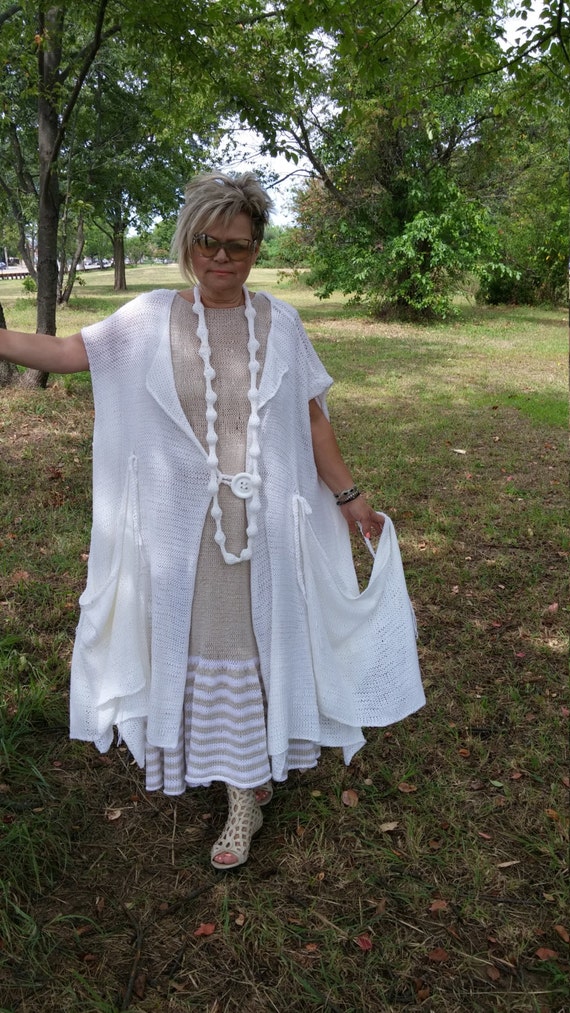 Handknitted Lagenlook Asymmetrical white jacket/coat