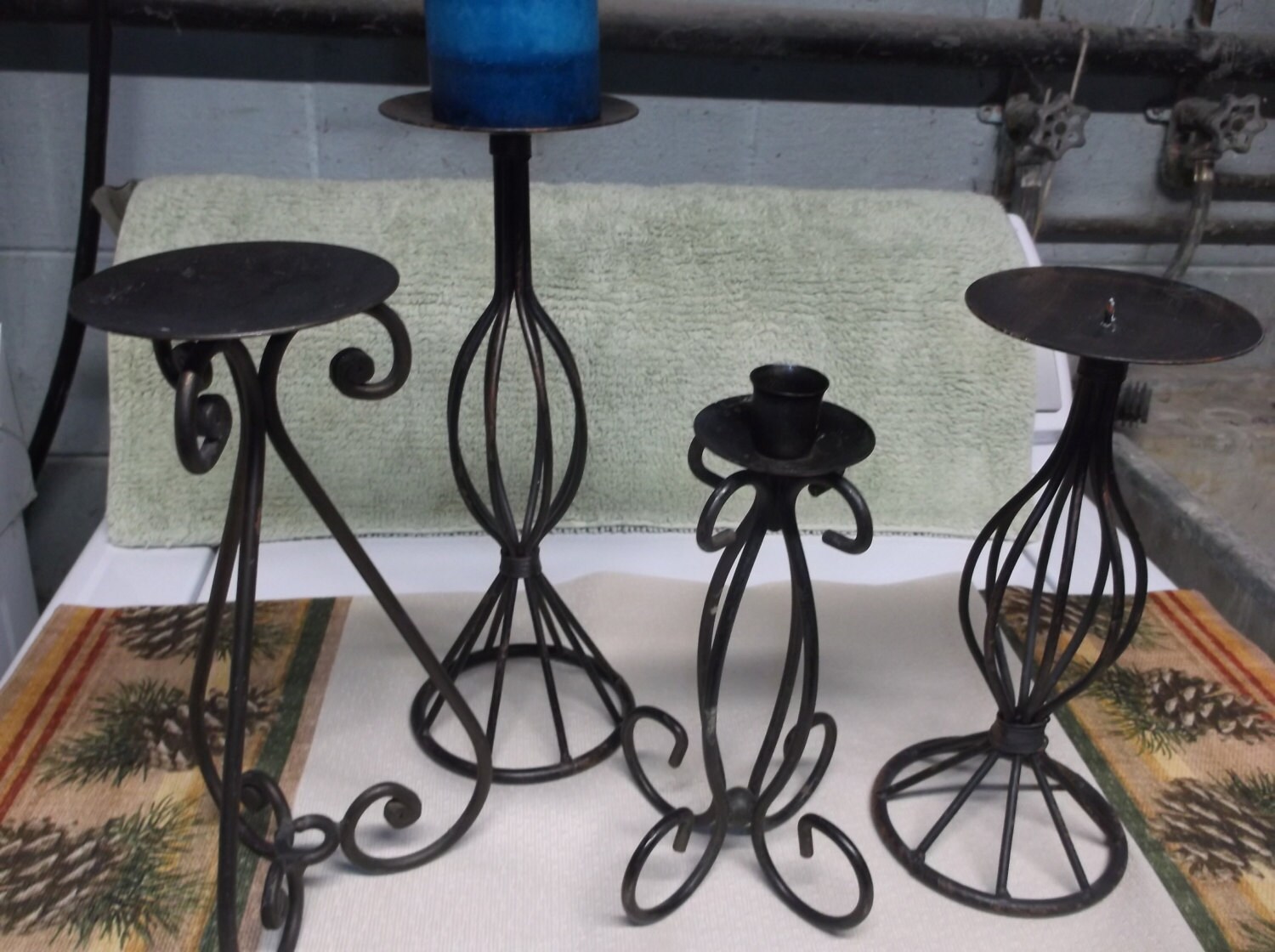 4 Rustic Wrought Iron Pillar Candle Holders
