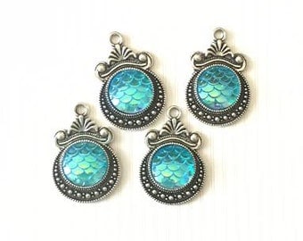 4 mermaid scale charms, mermaid pendants, silver blue mermaid