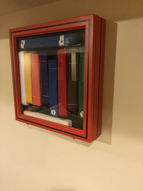 Karate belt display case ( custom built & colored with pinstripes) wall