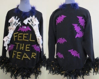 Halloween Skeleton Hand Sweater Mummy Hands Costume Black Feather Glam M Halloween Costume Witchy Women Halloween Sweater Purple bats Gothic