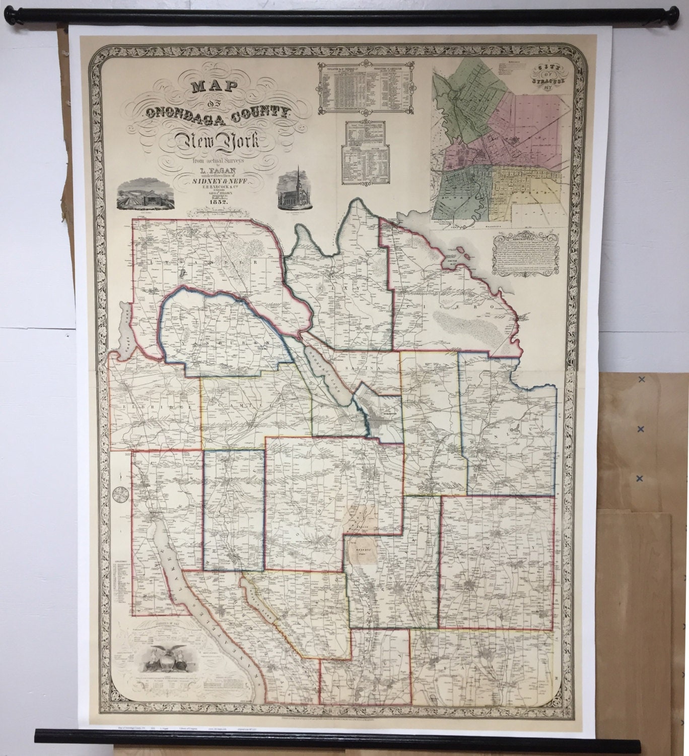 Onondaga County New York 1852 Map Canvas With Rollers 7225