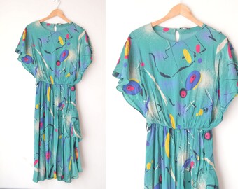 abstract geometric graphic print midi green sheer dress 70s 80s // M-L