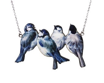 Bird necklace, vintage necklace, blue necklace, Blue Tits necklace, romantic necklace, handmade necklace, bird jewellery
