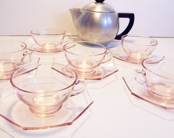Pink Depression Glass Cambridge Tea Set - Vintage Set 6 Cup and Saucers - Antique Pink Glass Cups Octagon Matching Saucers