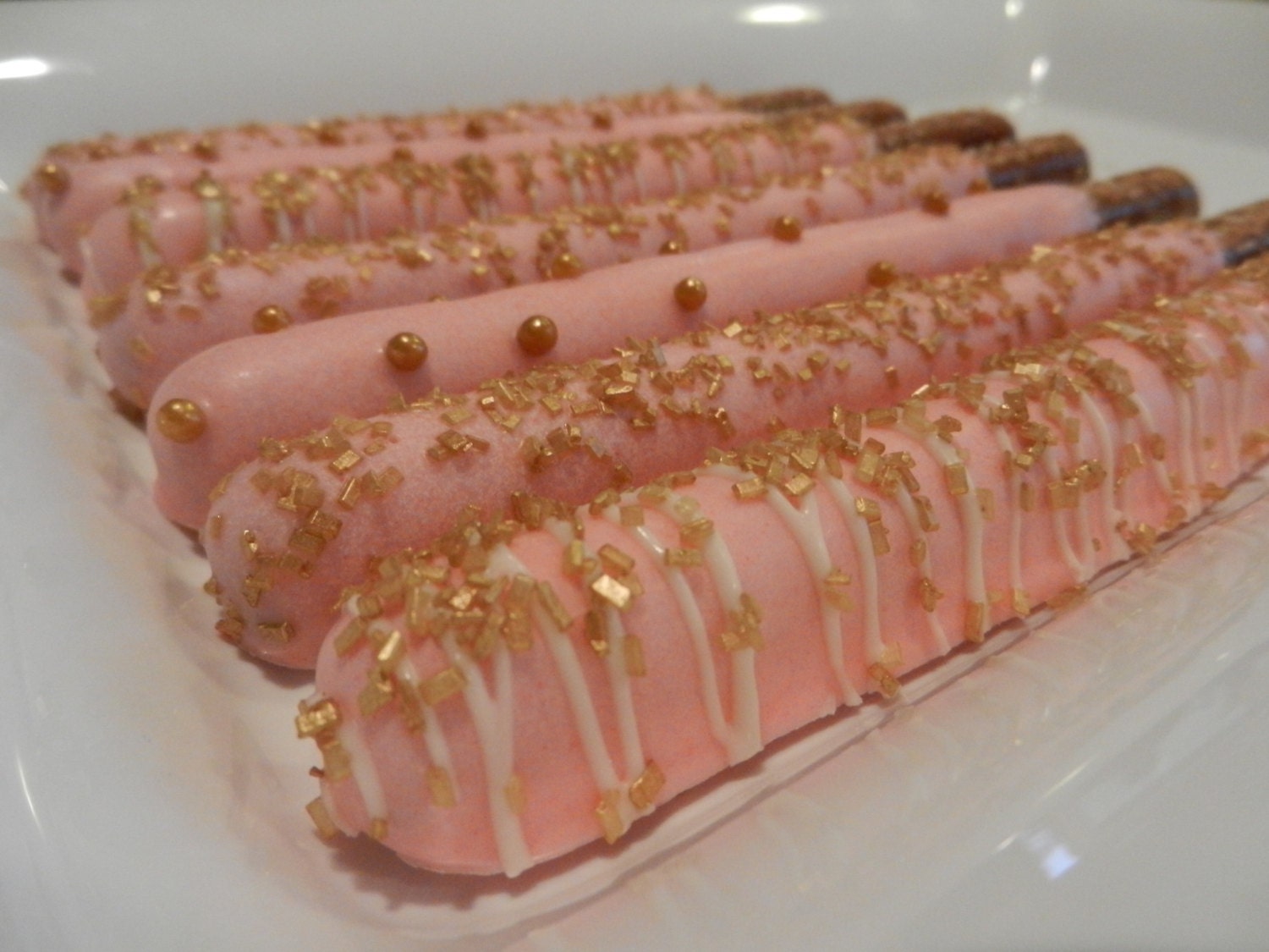 2 Dozen Pink Gourmet Chocolate Covered Pretzel Rods with Gold