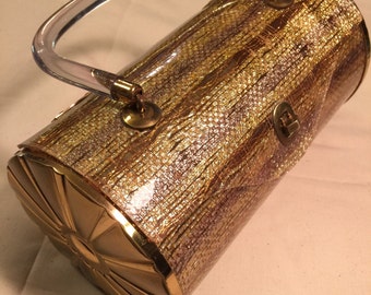 Vtg LUCITE Purse Cylindrical Gold Mesh Imbedded