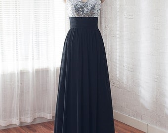 black bridesmaid dress, Sequins prom dress, long formal dress