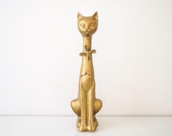 brass cat, mid century brass, brass figurine, cat figurine, wonderful huge solid brass siamese cat statue, 19", mid century modern, vintage