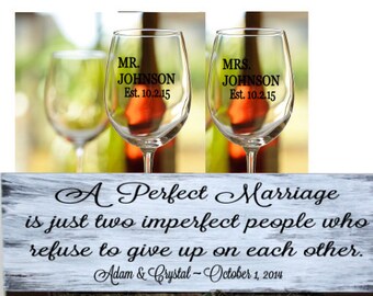 Wedding gift set - Personalized wood sign plus a set of personalized wine glasses