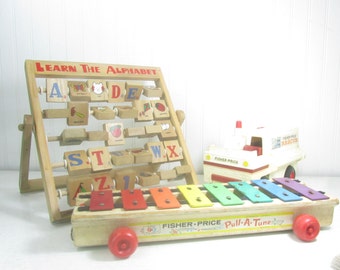 FISHER PRICE TOYS, pull a tune, xylophone,truck, alphabets, vintage toy, wood toy,