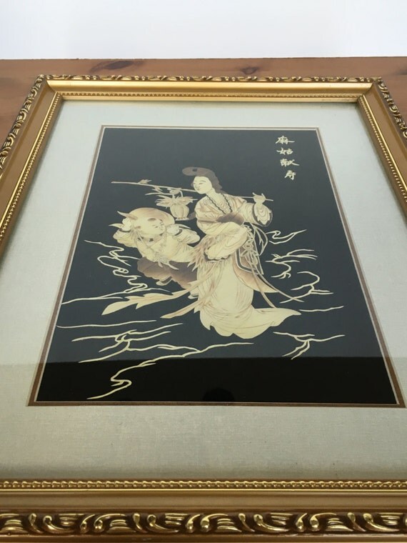 Hand carved geisha framed asian art wooden inlay picture