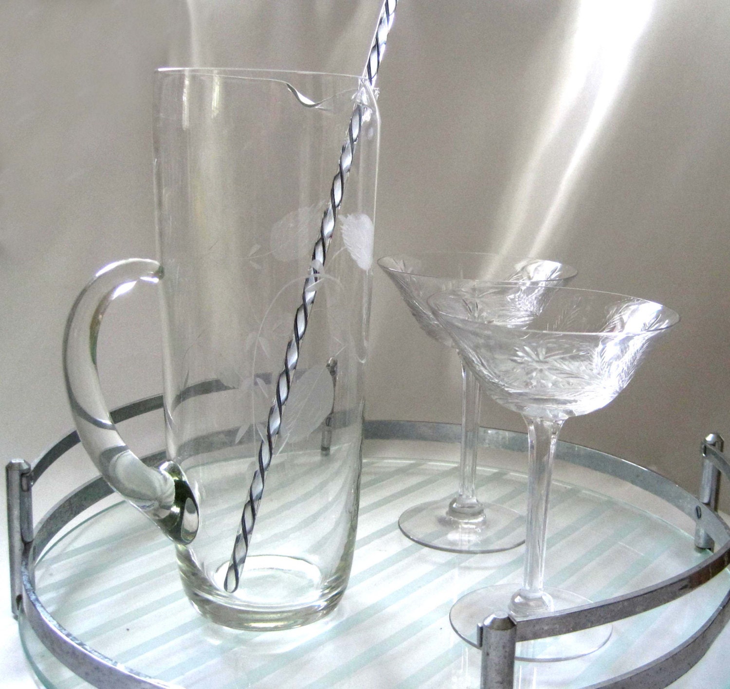 Mid Century Etched Martini Pitcher Tall Cocktail Mixer with