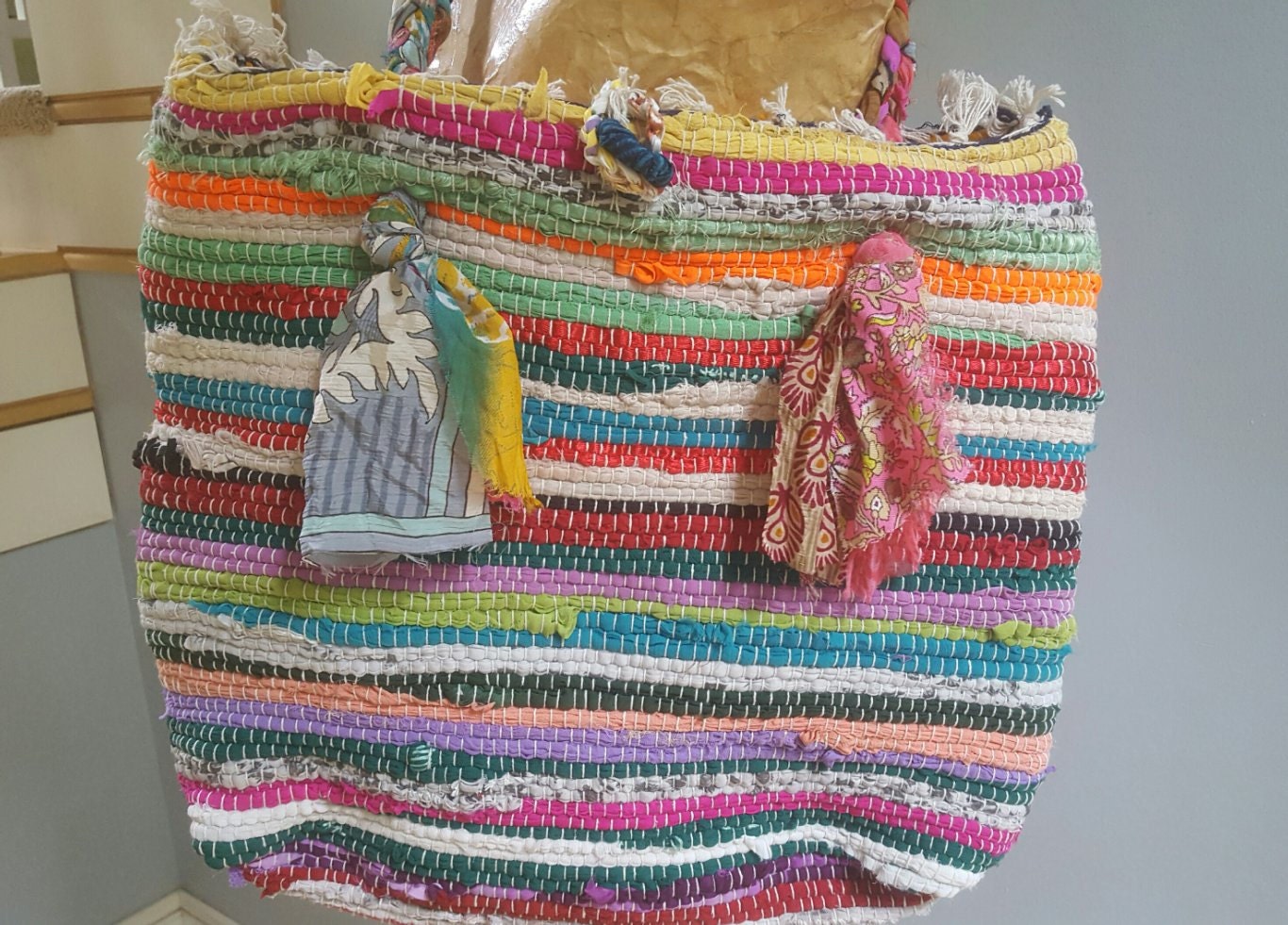 Bohemian beach tote rag rug purse rug beach bag woven rag