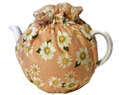 Teapot Cozy, tea warmer White Flowers with leaves on Peach, Pink  for a 5-8 cup teapot  #284