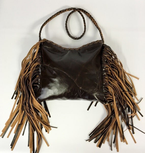 Dark Brown Leather Fringe Handbag / Brown Fringe Purse