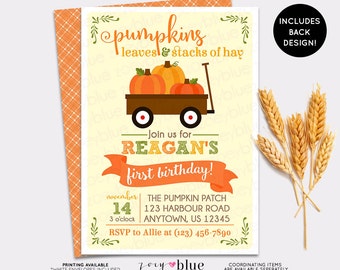 Pumpkin Patch Birthday Invitation - Girl Boy Little Pumpkin First Birthday - Harvest Orange Autumn Halloween Fall Birthday - Printable File