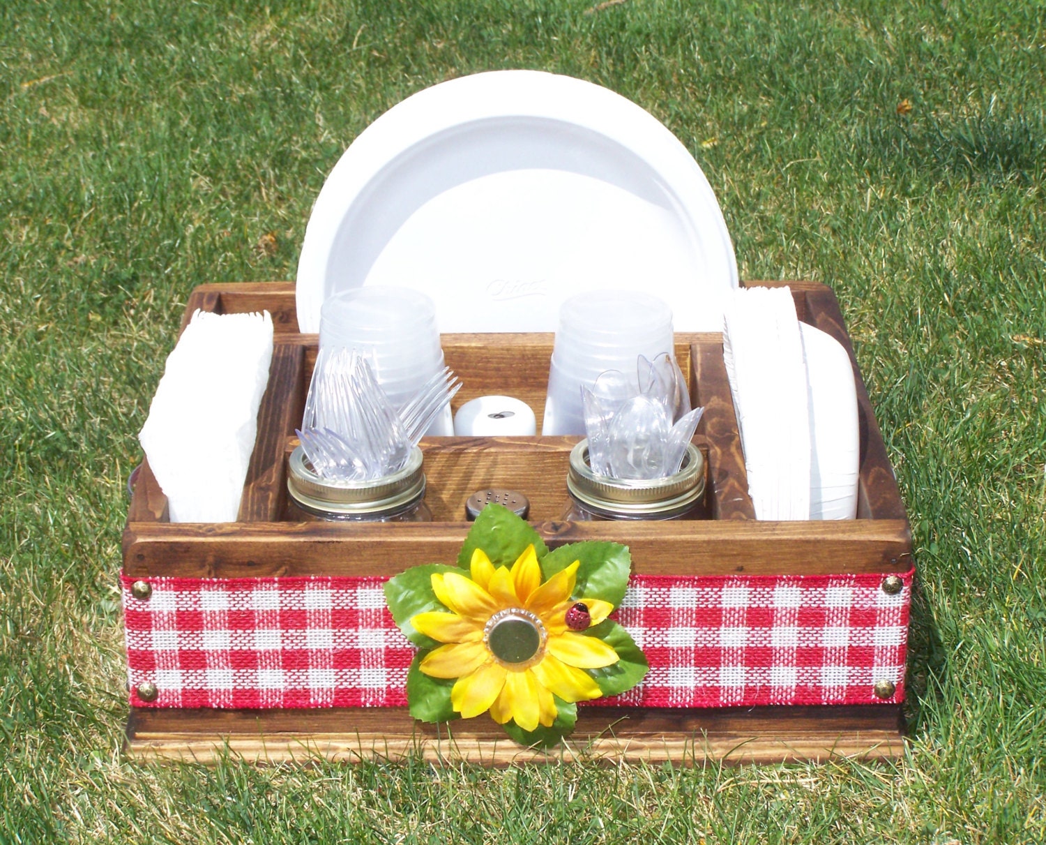 Ladybug sunflower picnic tableware utensil caddy organizer for