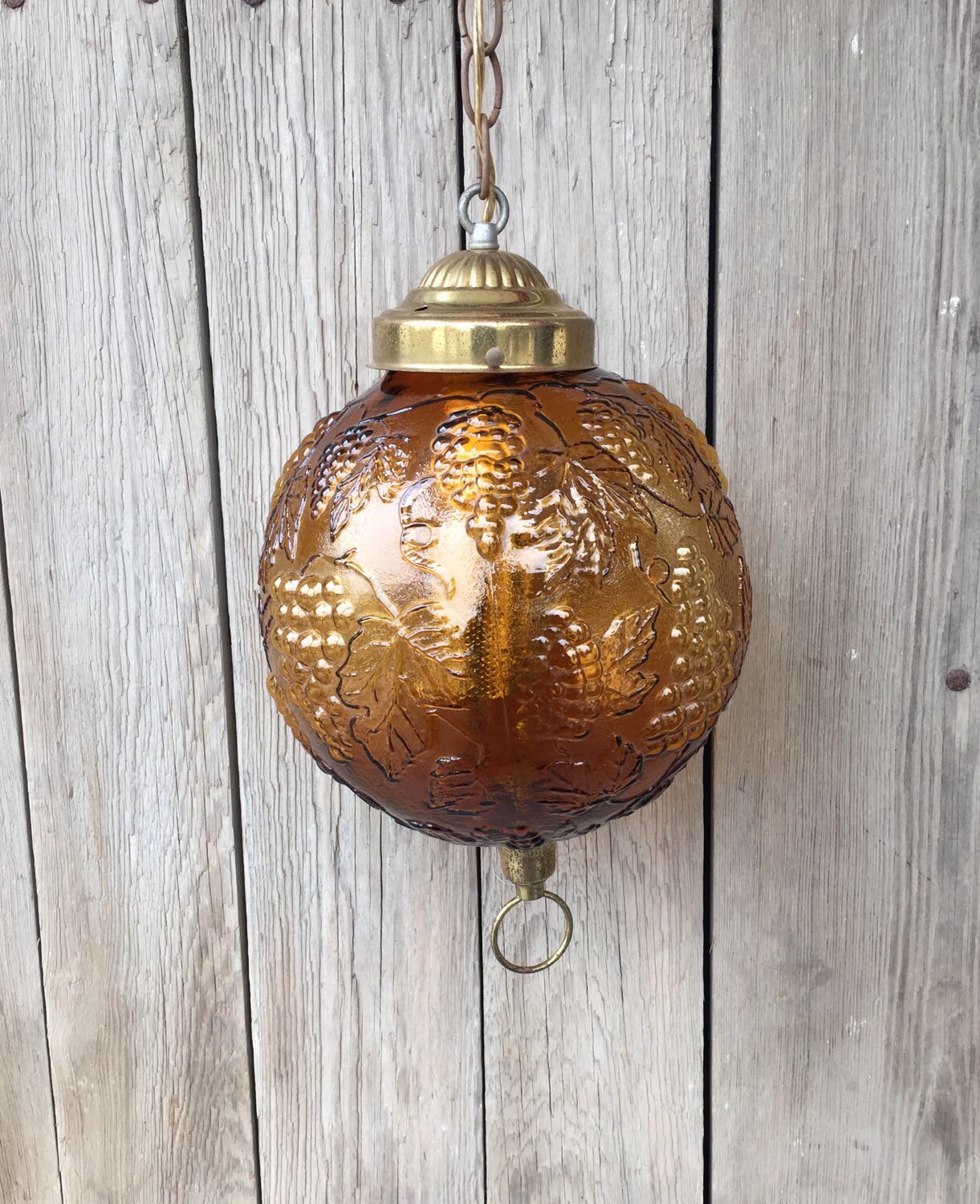 Vintage hanging chain light hanging swag light amber glass