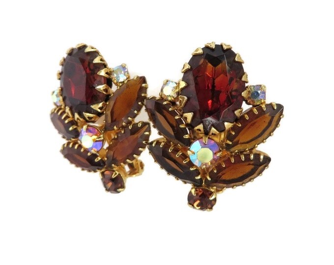 Juliana D&E Amber Earrings, Vintage AB Rhinestones, Gold Tone Clips, Book Piece, Verified, Anniversary Gift, Birthday Gift, Bridesmaid Gift