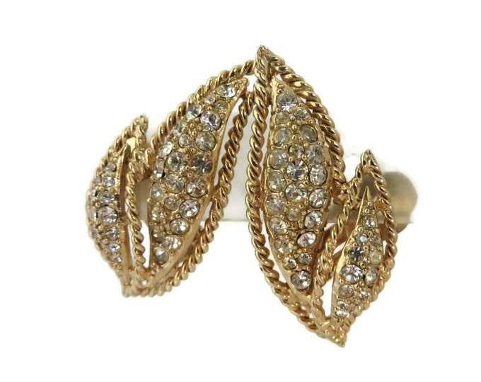 Hattie Carnegie Vintage Rhinestone Earrings, Large Braided Leaf Clip-ons, Bridal Jewelry