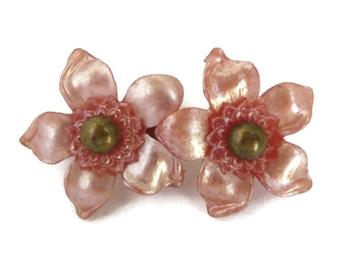 Vintage Brooch - Art Deco Celluloid Brooch, Pink Frost Carved Double Flower Pin, Gift for Her, Gift Box