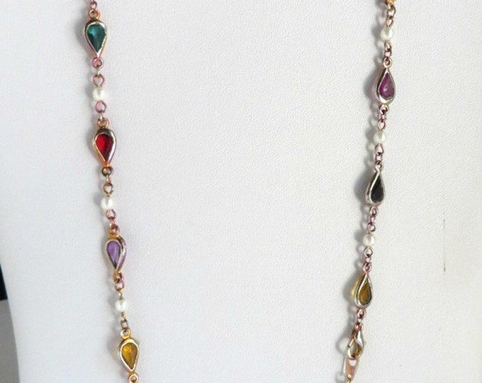 ON SALE! Multicolor Crystal and Faux Pearl Necklace, Vintage Gold Tone Faceted Bead Necklace, 24" Length