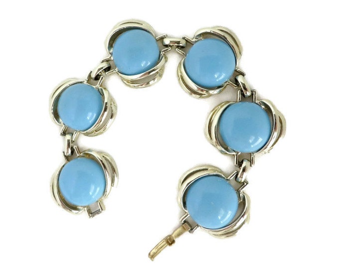 Aqua Blue Bracelet, Vintage Silver Tone Links Bracelet, Light Blue Discs Bracelet