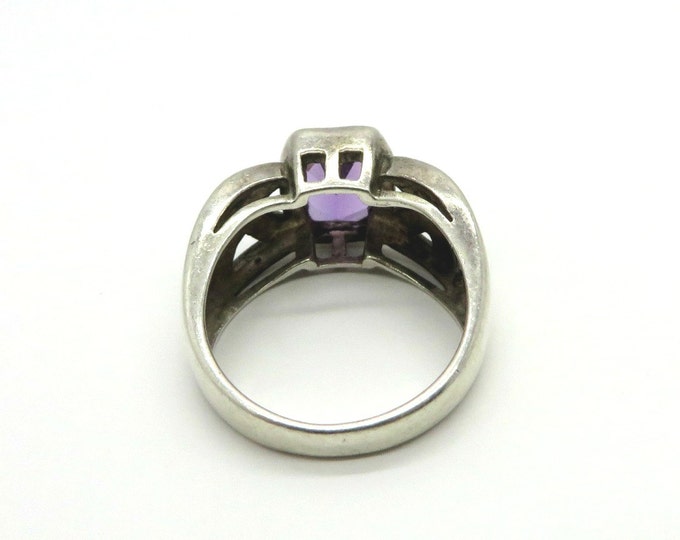 Vintage Amethyst Marcasite Ring, Sterling Silver Wide Band Ring, February Birthstone, Size 7.5