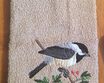 Embroidered ~BLACK Capped CHICKADEE~ Kitchen Bath Hand Towel