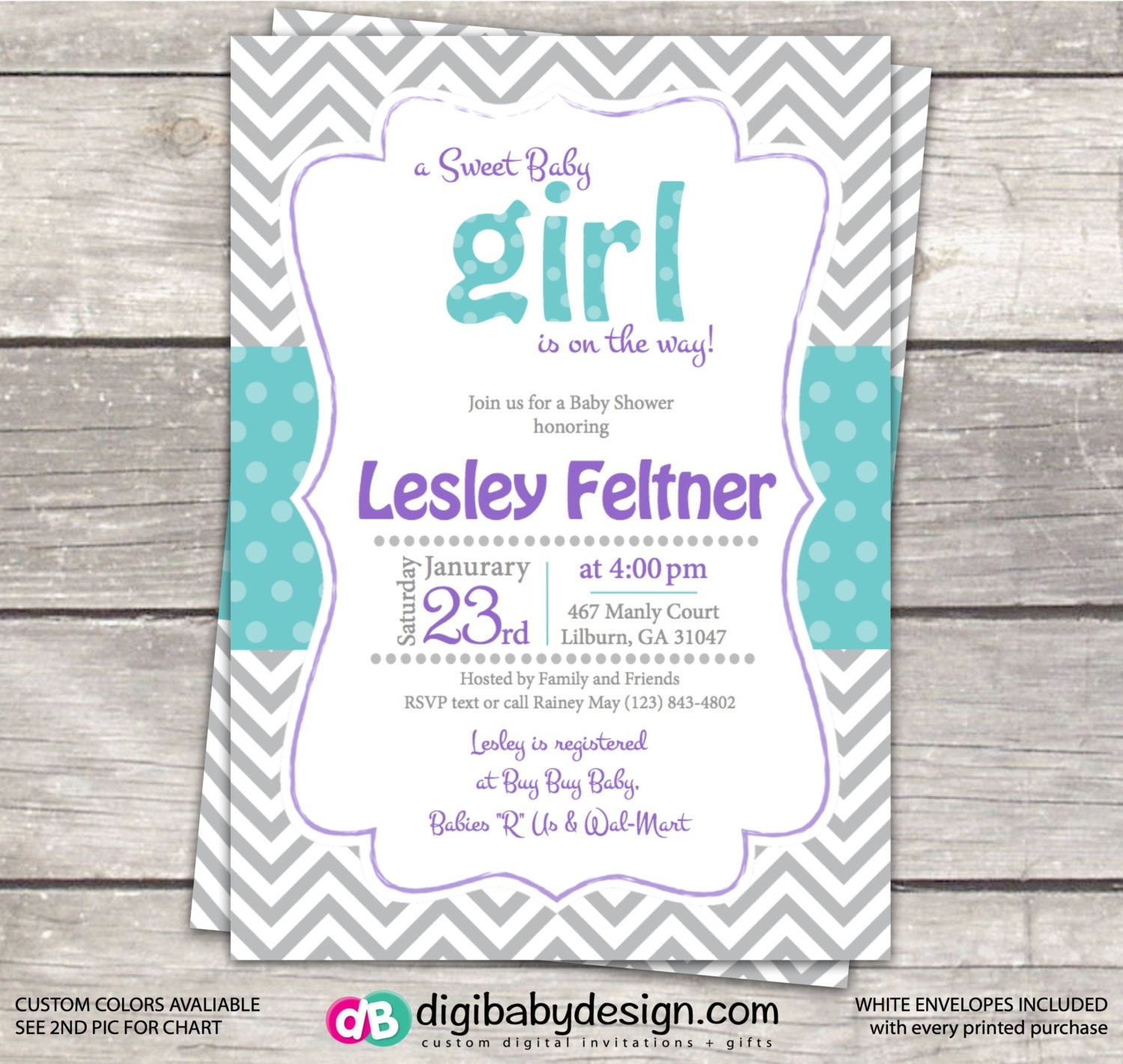 printable baby girl shower invitation chevron gray teal