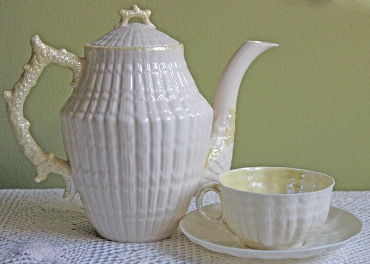 Belleek Tea Coffee Pot Cup and Saucer Set. by AnythingDiscovered