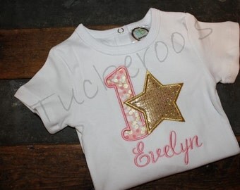 twinkle twinkle little star, first birthday shirt with pink and gold star