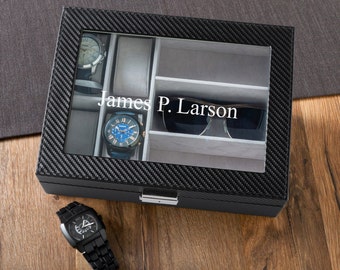 Personalized Leather Watch Box with Sunglasses Holder - Personalized Watch Box - Groomsmen Gifts - Gifts for Him - GC1372