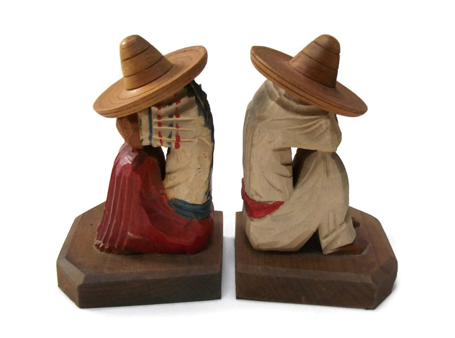 Mexican Bookends Hand Carved Painted Wooden Wood Man Woman