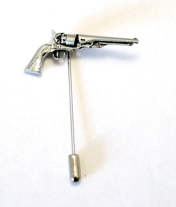 Antique Colt 45 Revolver Lapel Stick Pin, English Pewter, Handmade, cravat, tie