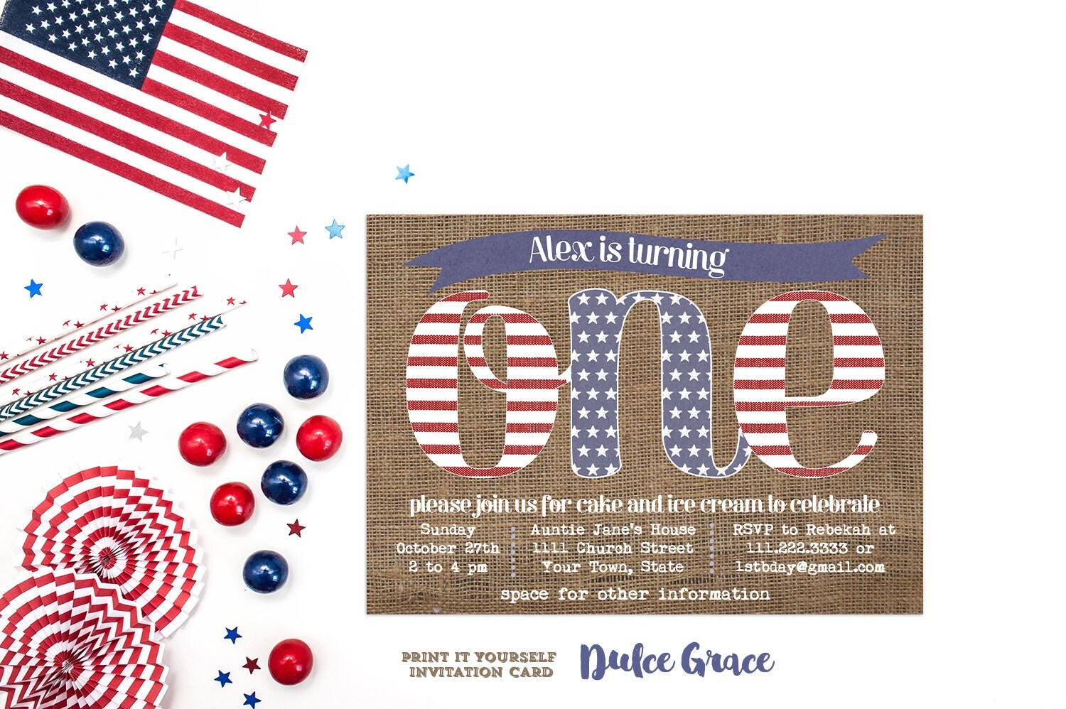 1st birthday invitations DIY PRINTABLE 4 July theme