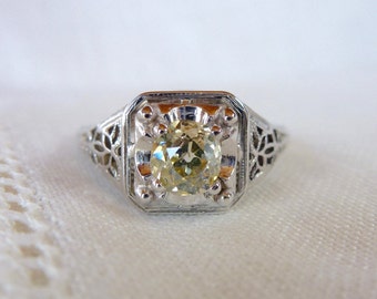 An Edwardian Old Cut Champagne Diamond Engagement Ring in 18kt White Gold Filigree - Brooke
