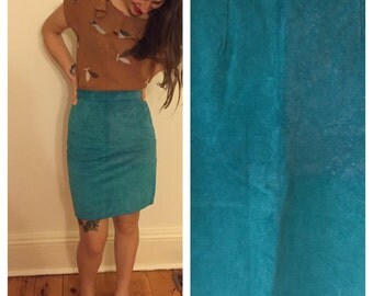 Vintage // 100% Suede Aqua blue high waisted skirt // pencil skirt // winter spring // sz 6au //