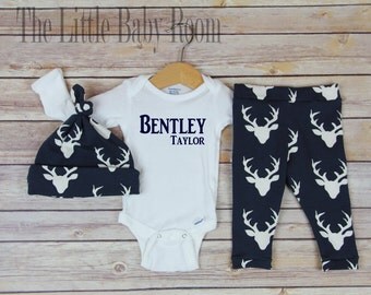Boys Personalized Name Customized Onesie,Boy Coming Home Outfit Set,Baby Boy Gift,Baby Hat,Hospital,Hunting,Bucks,Newborn,Leggings,Deer,Go
