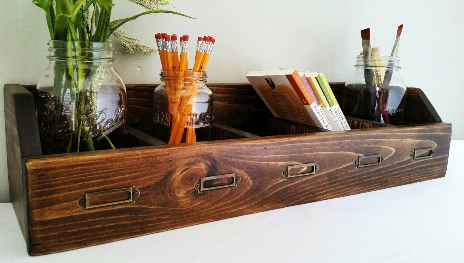 5Section Desk Organizer/Mason Jar Holder / Rustic box