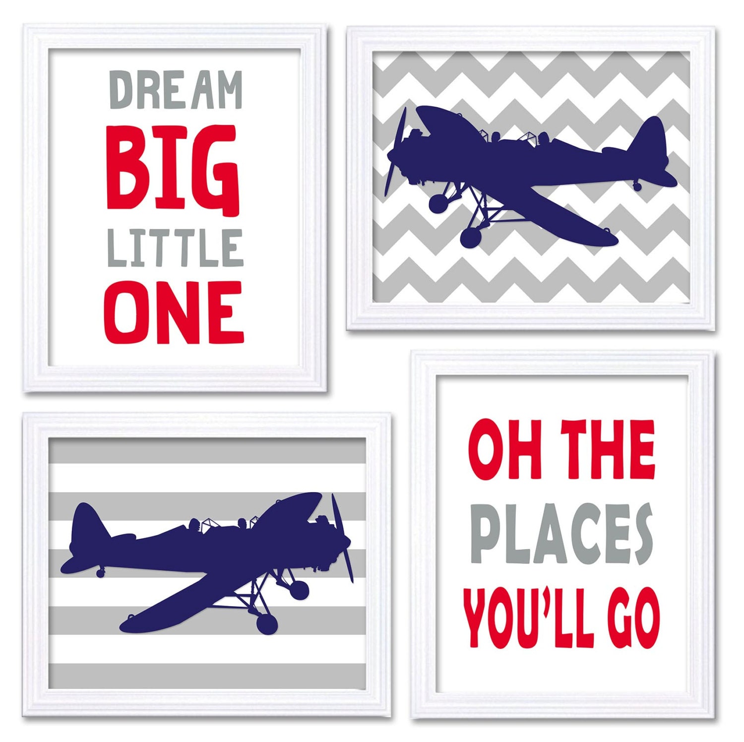 Airplane Nursery Art Red Navy Blue Grey Nursery Print Set of 4 Transportation Dream Big Little One O