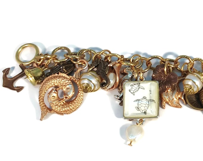 Ocean Beach Themed Charm Bracelet on Gold Plated Chain w/ Brass, Copper, Gold, Pearl & Silver Charms OOAK One of a kind