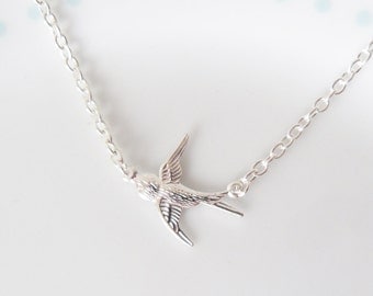 Cute Tiny Swallow Charm Chain Silver Necklace, Bird, Sparrow, Dainty, Pretty, Simple, Minimalist