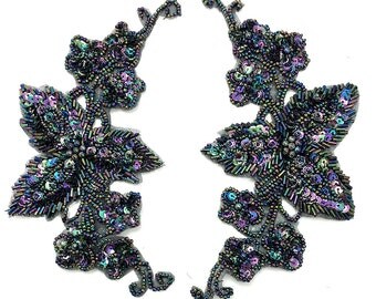Designer Flower Motif Pair Appliqué, Moonlight Sequin Beaded, 7.5" x 4" -B004A