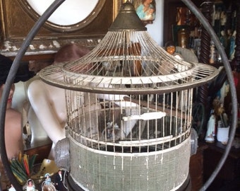Antique Small Wire Bird Cage, Wire and Metal, Removable Tray, Approx 13 inches Round