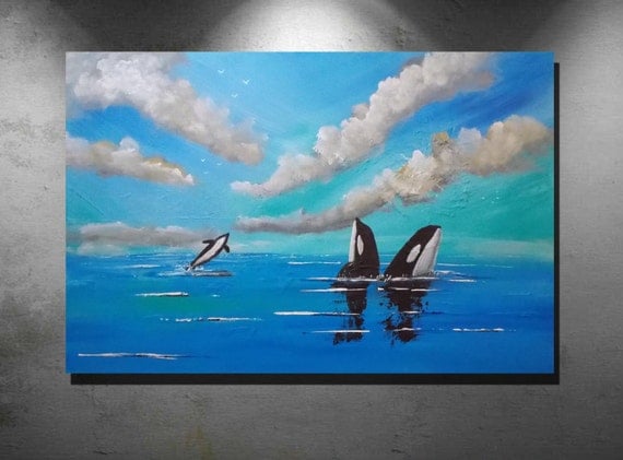 Abstract art, Acrylic paintings, large art painting, wall art canvas, large original painting, Orca Whale, wildlife painting