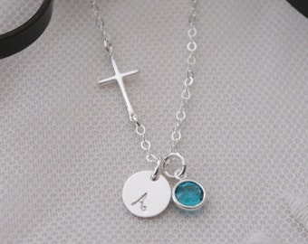 Sterling Silver Sideways Cross Necklace, Cross Initial Birthstone Necklace, Personalized, First Communion Gifts, Confirmation Gifts, Baptism