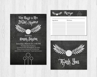 Harry Potter Bridal Shower Invitation Set Wedding Recipe Card Thank You Card Digital File or Prints Sci-fi Geek Nerd Chalkboard Bundle