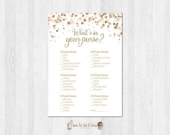 Blush Pink and Gold Bridal Shower Whats in Your Purse Game Wedding Printable Digital File Instant Download Glitter Confetti